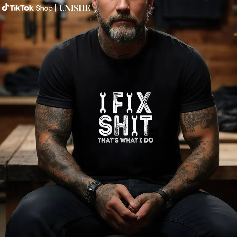 Men's Cotton Round Neck Short-Sleeve Print T-Shirt - Menswear Top, Funny "I Fix Shit" Design for Car Handymen, Versatile Casual Apparel