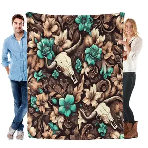 Boho Western Cow Skull Turquoise Floral Flannel Throw Blanket Soft Cozy Warm Lightweight Plush Fleece Blanket Unique Rustic Western Decorative Gift for Cowgirls Lovers Couch Bed Sofa All Season Home Decor