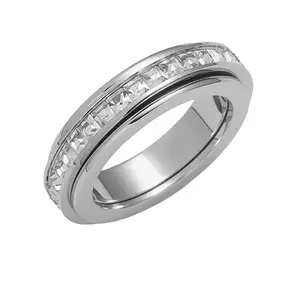 Fortune Turning Rotating Minimalist New Square Diamond Pavé Titanium Steel Ring, Ins Trendy Couple Matching Rings