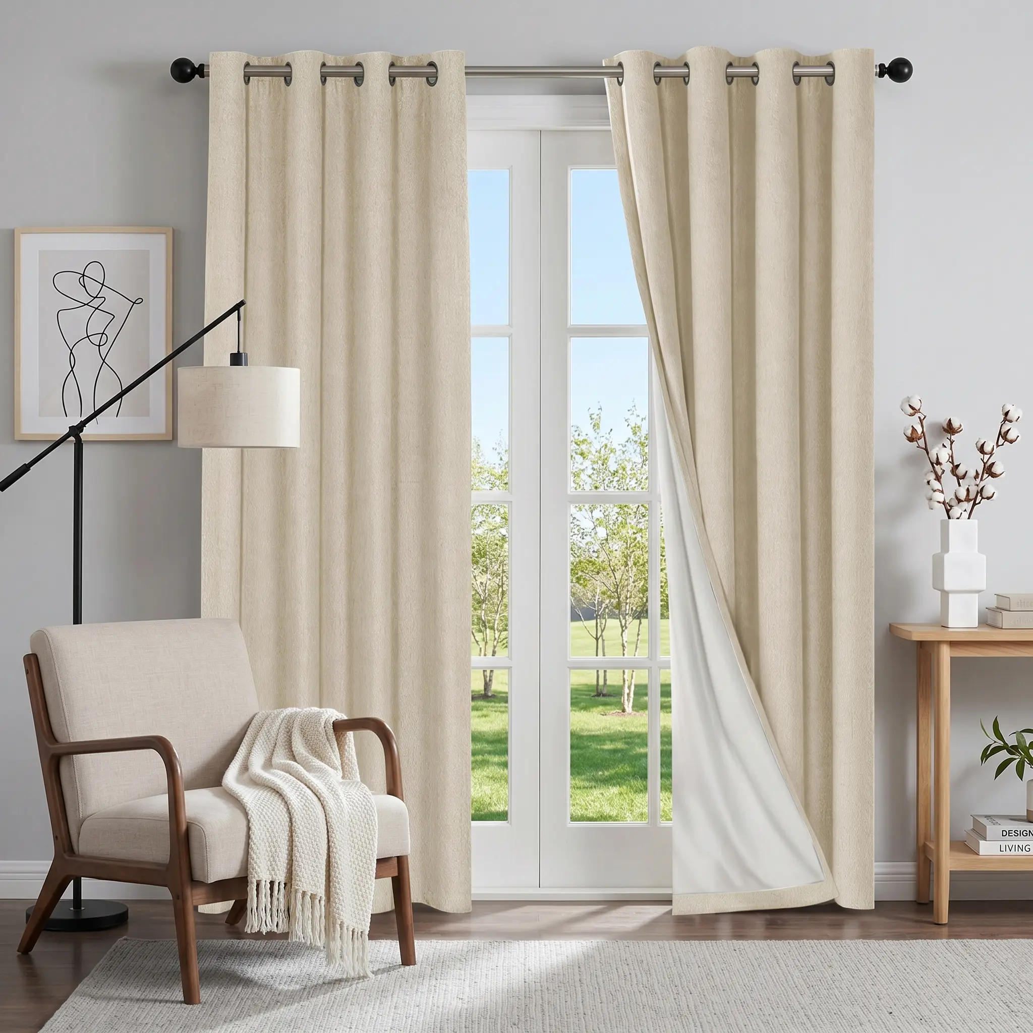 Ivory 2-Panel Faux Linen Polyester Grommet Curtains - 100% Blackout Thermal Insulated Light Blocking Drapes, Modern Farmhouse & Classic Style, Machine Washable, Do Not Bleach, for Bedroom