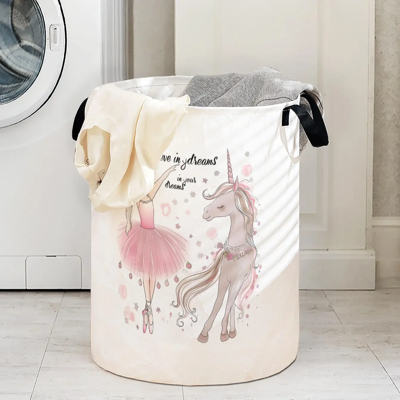 Unicorn Dance Print Laundry Basket with Handle, Folding Laundry Basket, Portable Storage Basket, Collapsible Laundry Hamper, Durable Foldable Clothes Storage Bin, Large Capacity Toy Organizer, Home Use