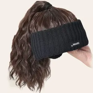 Breathable Headband Wig with Integrated Hair Extensions Knit Beanie High Ponytail Synthetic Hair Full Wig for Fashion Girls Realistic Wavy Hair Effortless Style【119】
