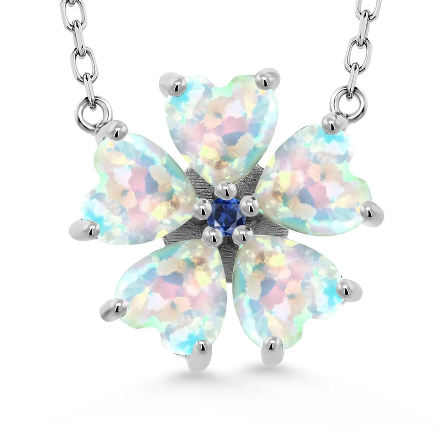 Gem Stone King 925 Sterling Silver Gemstone Birthstone and Blue Created Sapphire Flower Pendant Necklace for Women | Heart Shape 6MM Petals and Round 2MM Center | With 18 Inch Chain | Fine Jewelry for Her Mom Wife
