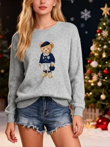 Women's Fall Winter Fitted Sweater, Soft Plush Fabric, Cartoon Bear Print Design, Casual Daily Wear, Warm & Comfortable Outerwear
