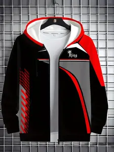 Boys' Casual Hooded Zipper Jacket, Colorblock Design, All-Over Print, Fitted Style, Durable Kids Fashion Outerwear, Zip Up Jacket