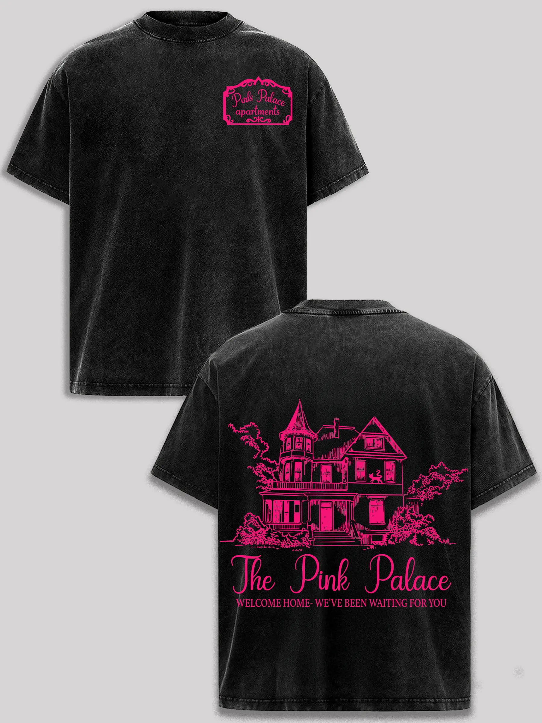 Unisex Menswear Coraline Inspired Pink Palace Graphic Tee - Vintage Washed Oversized Round Neck Heavyweight Cotton Black Acid Wash Gothic Streetwear Apparel, Classic Seamless Horror Movie Dark Fantasy Gift, Soft, Shortsleeve, Tshirt, Casual, Top, T-Shirt,