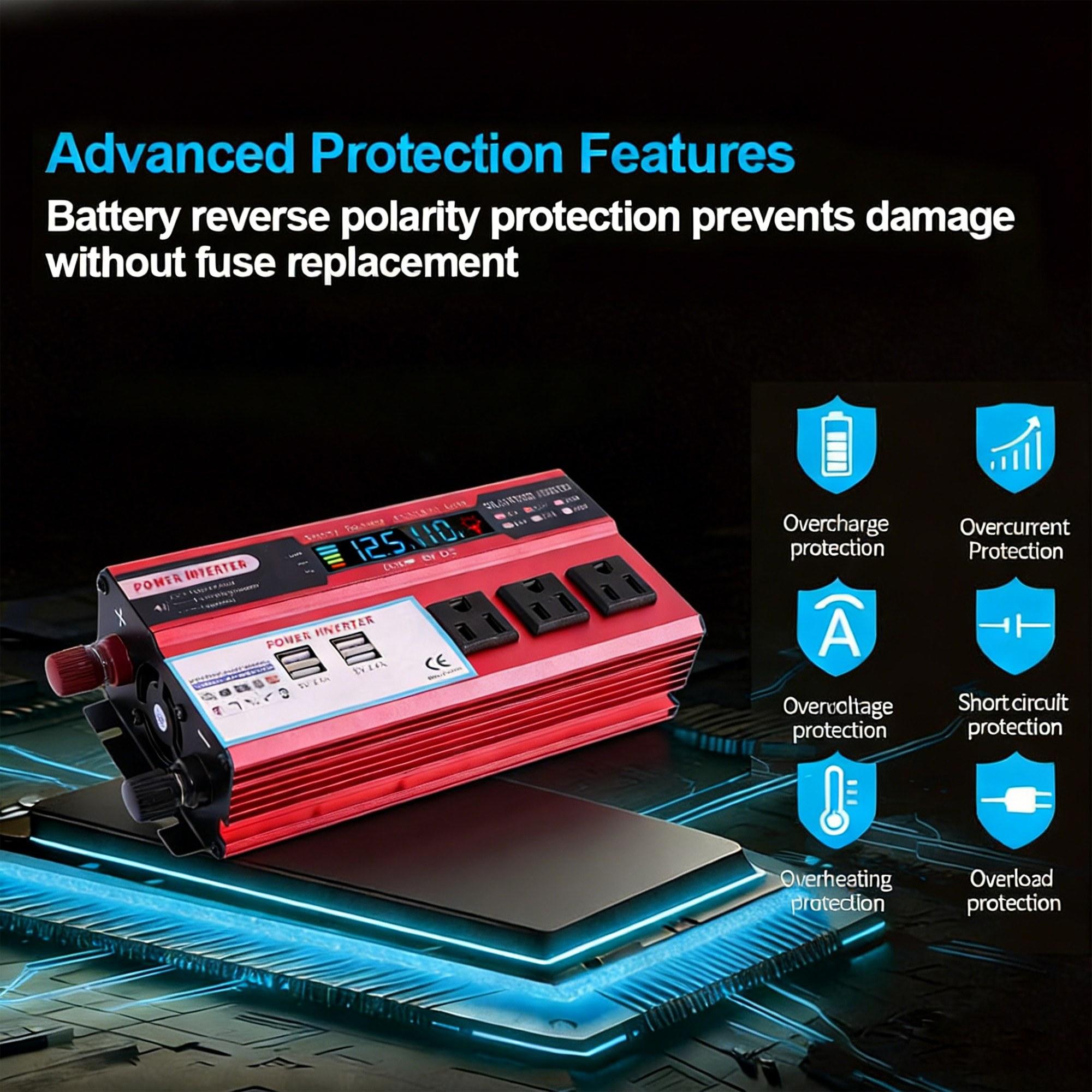 Portable Vehicle Power Converter DC 12V to 110V AC with 3 AC Sockets 4 USB Charging Ports 5000W Peak Car Inverter for Truck RV Camping Outdoor Activities Emergency Power Built-in Overload Overheat Short Circuit Protection