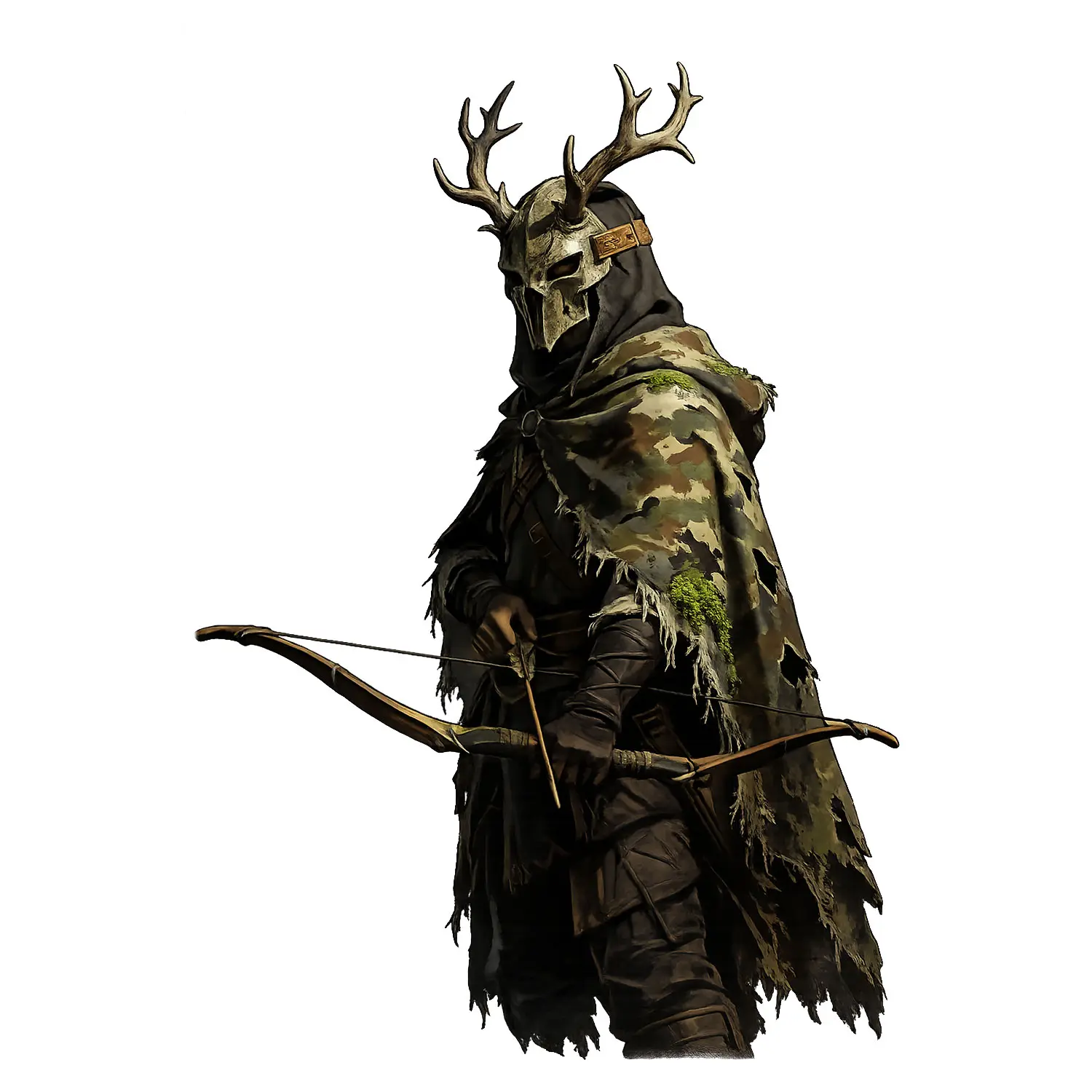Dark Forest Archer Hunting Sticker, Mysterious Antler Mask Warrior With Rustic Camo Style, Vinyl Decal For Laptop, Tumbler, Helmet, Car Window And Notebook