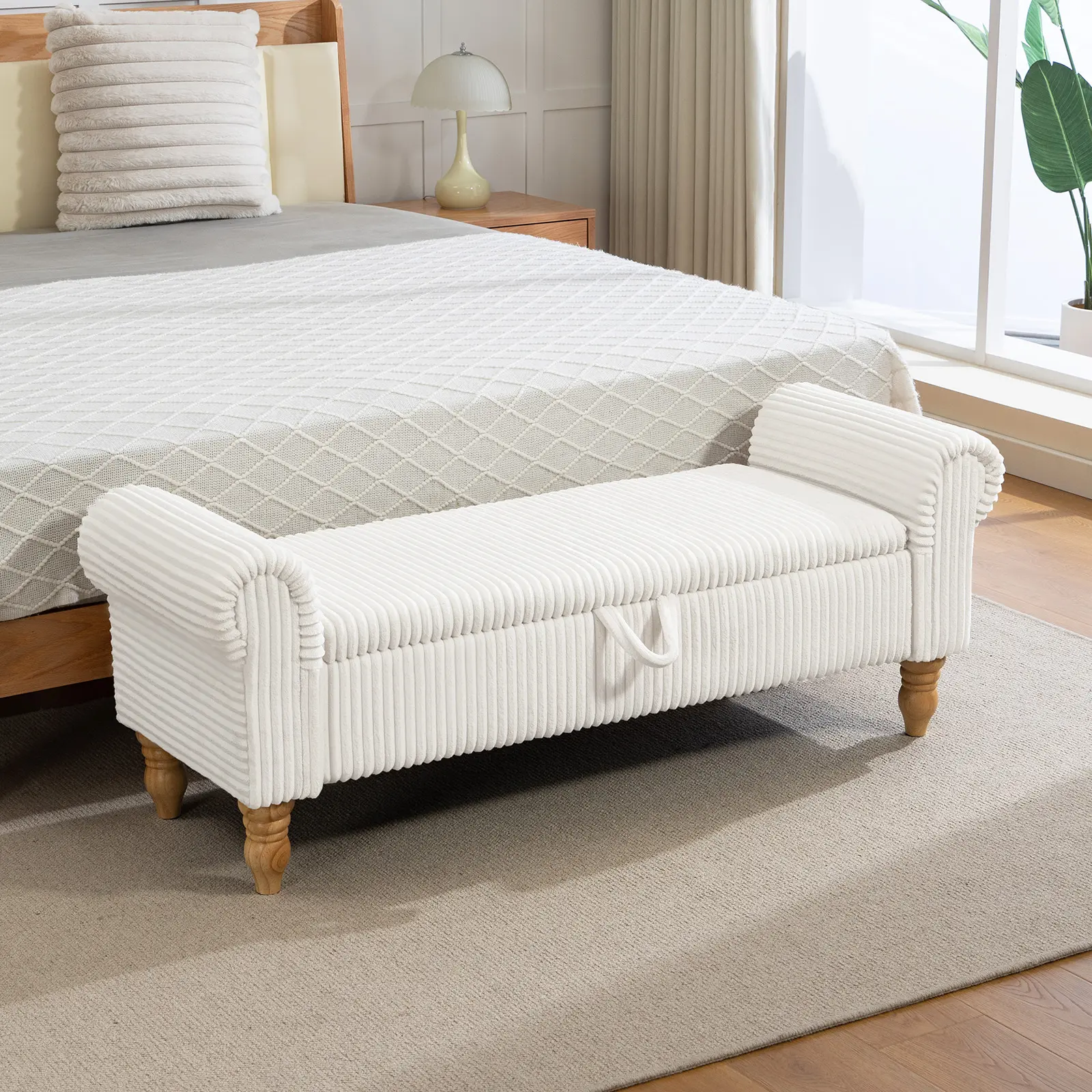 Atomhome 55" Rectangle Corduroy Storage Bench - Backless, Fixed-Arms Modern Vintage Ottoman with Hidden Storage, Assembly Required (End-of-Bed, Entryway Shoe Use)