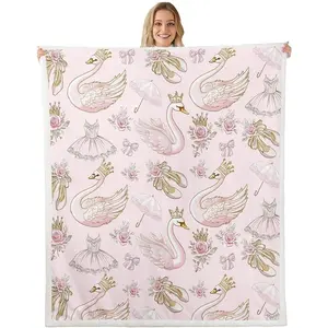 White Swan Flannel Blanket Swan Lake Ballet Dance Theme Pink Fleece Throw Blanket for Room Decor,Princess Crown Bowknot Romantic Roses Flowers Bed Blanket for Bed Sofa Couch,Baby