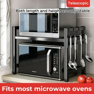 Extendable microwave rack, double-layer kitchen countertop utensil storage rack, kitchen organizer shelf