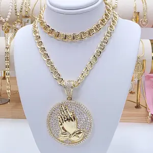 Praying Hands Pendant and Cuban Chain 23 Inches Gold-Plated Rhinestone Necklace for Faith Protection and Devotion c15 Elegant and Stylish Everyday Wear