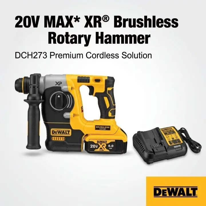 DEWALT DCH273 Multi-Function Rotary Hammer Tool Kit With Shock Absorbing Auxiliary Handle, Suited For Electrical Pipe Grooving, Masonry Hole Drilling And Wall Renovation For Plumbers & Electricians, With Battery And Charger