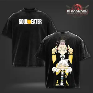 Soul Eater Maka Albarn & Soul Evans Vintage Washed Oversized Heavyweight Cotton Graphic T-Shirt Double Print Anime Streetwear Unisex Tee