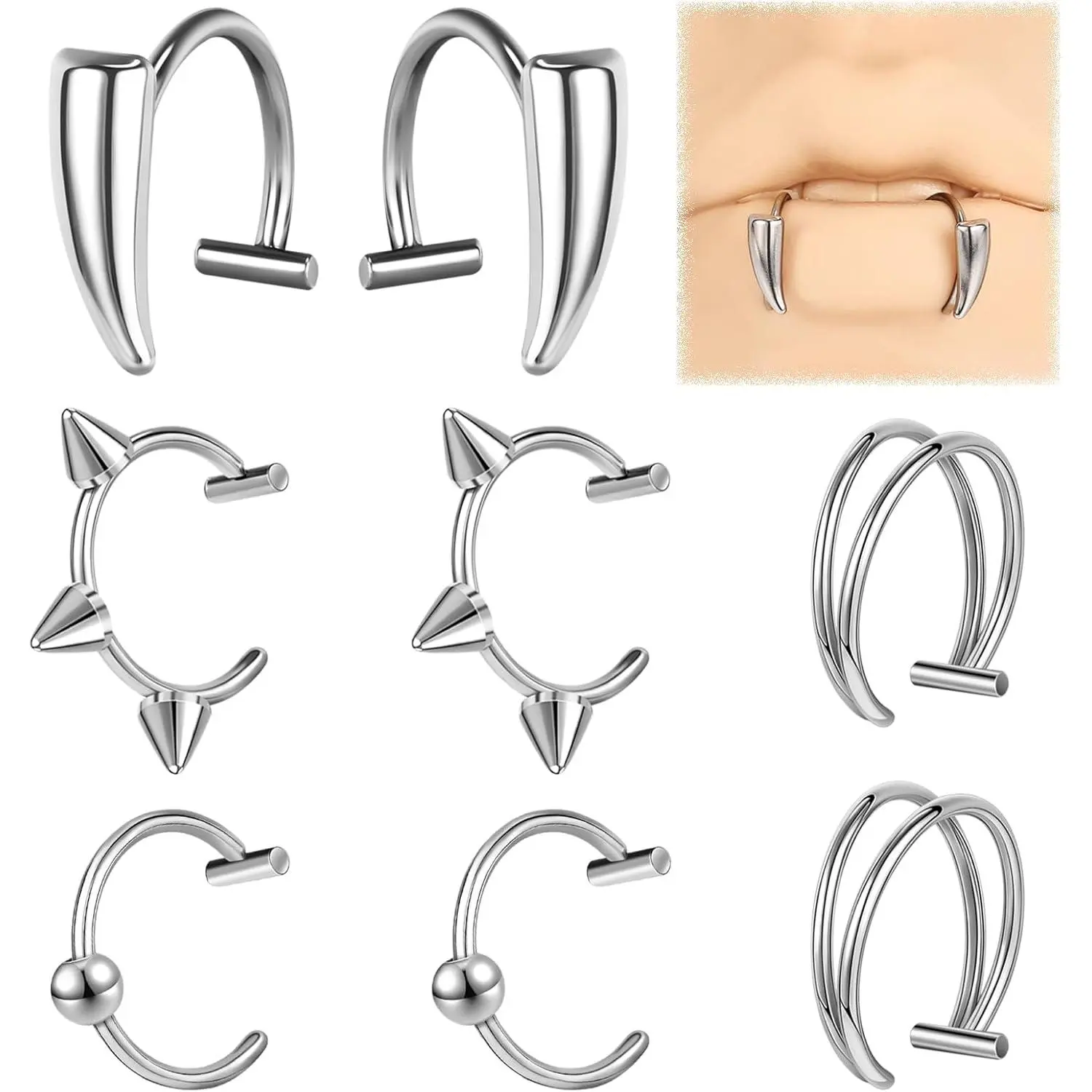 ZS Stainless Steel Fake Lip Ring Vampire Teeth Ring, Adjustable Fake Lip Piercing Non-Piercing Lip Cuff Ear Cuff Earrings Fake Septum Nose Piercing Jewelry For Women Men