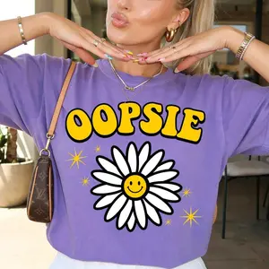 Oopsie Daisy, Womens Shirt, Comfort Colors Tee, Everyday Graphic, Summer Shirt,"Oopsie" Smiley Daisy Retro Bubble Font Graphic T-Shirt, Yellow Washed Y2K Aesthetic Oversized Tee