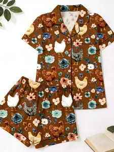 Rustic Chicken Animal Floral Short Sleeve Ice Silk Pajamas, Vintage Country Style, Smooth Imitation Silk, Lapel Design, Home Leisure Wear