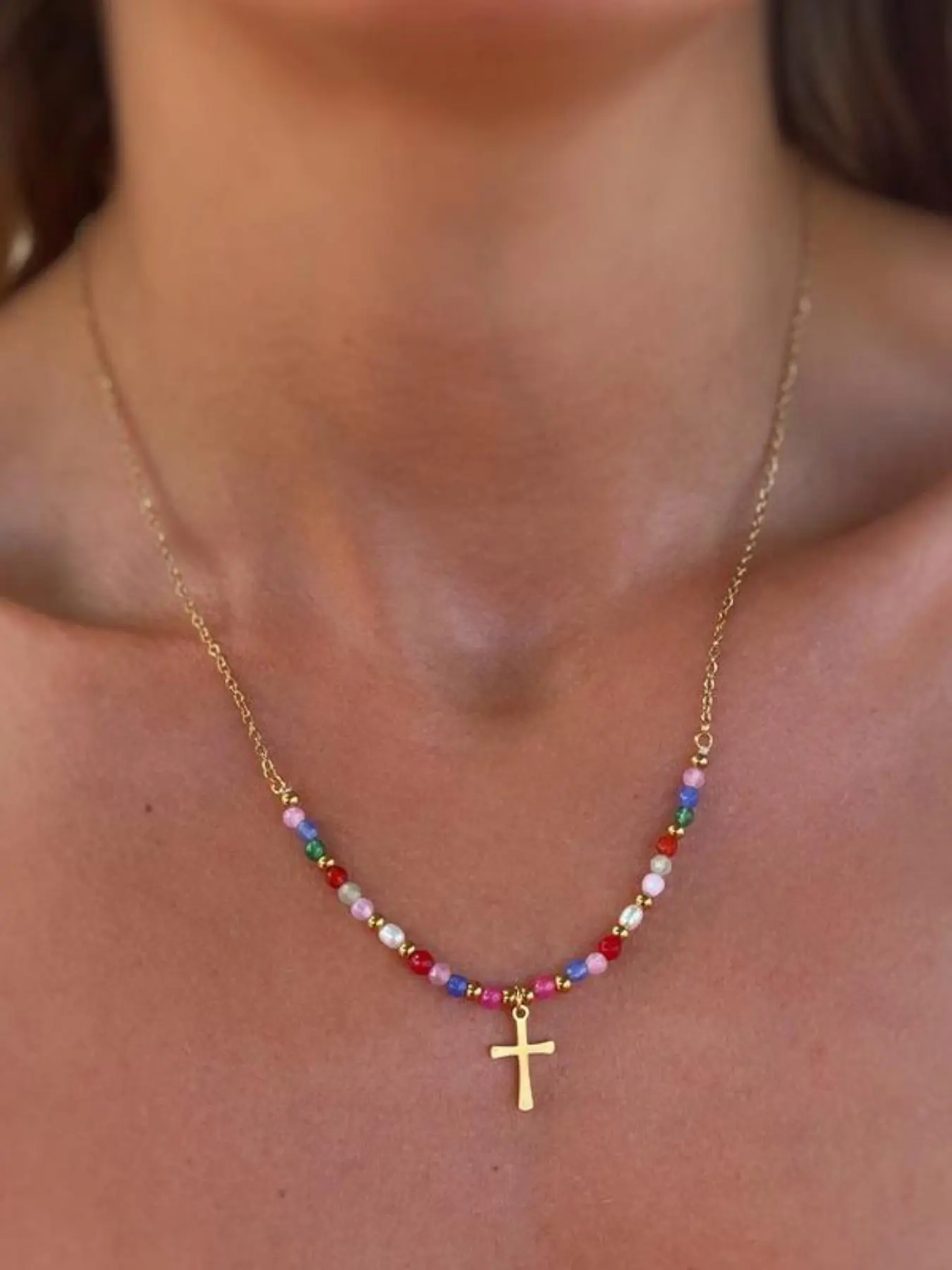 Women's Boho Jade Beads Cross Pendant Design Necklace, Adjustable Chain Jewelry Gift, All-Season Religious Fashion Accessory