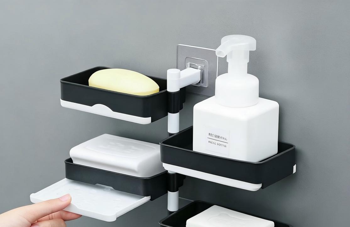 Three-tier wall-mounted, no-drill soap holder, 180-degree rotating, with soap drain tray, bathroom soap rack, toiletries storage shelf.