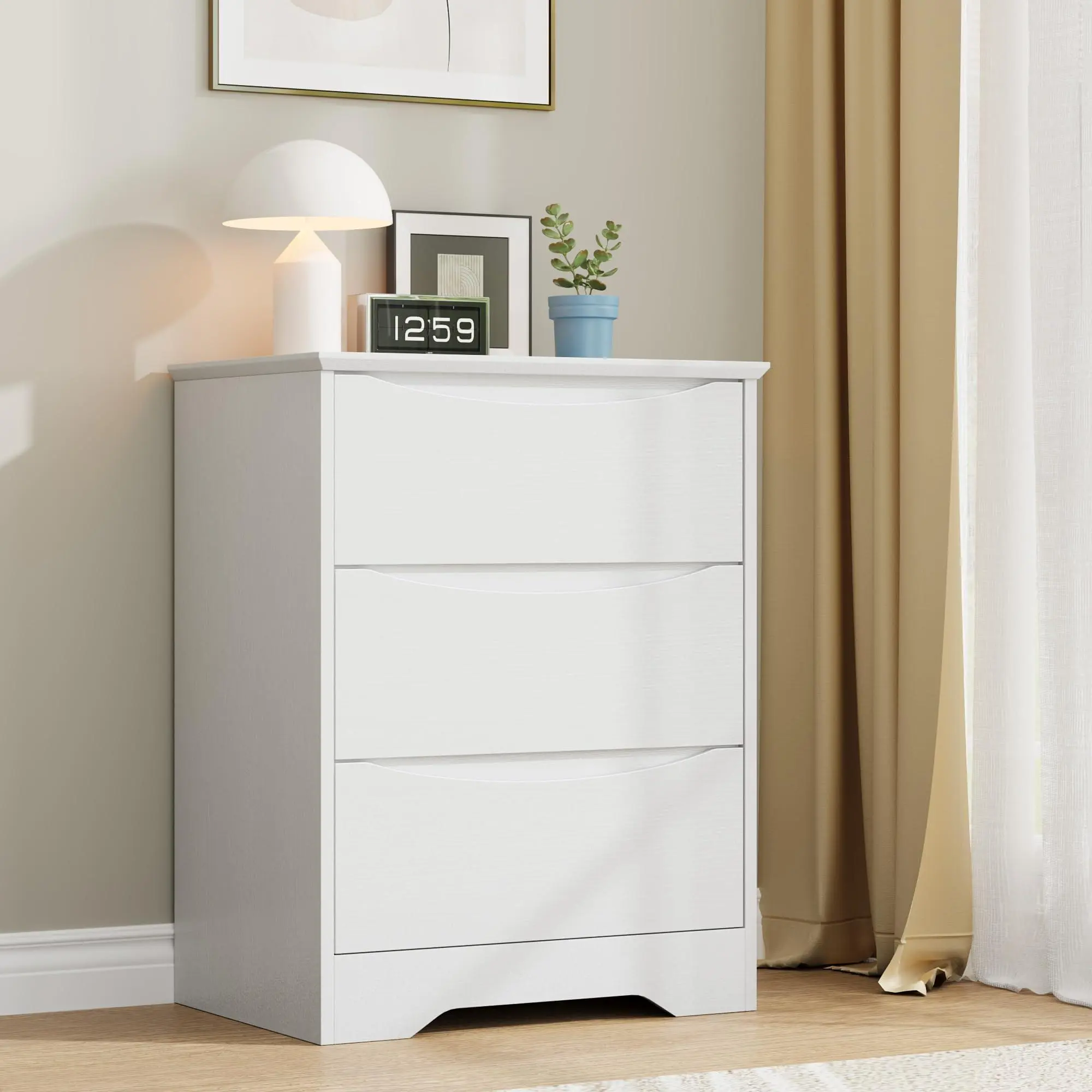 Sturdy Wood 3-Drawer Cabinet with Hidden Handles, 29.5" Tall Storage Chest with Curved Edges, Cabinet Bedroom Furniture for Living Room