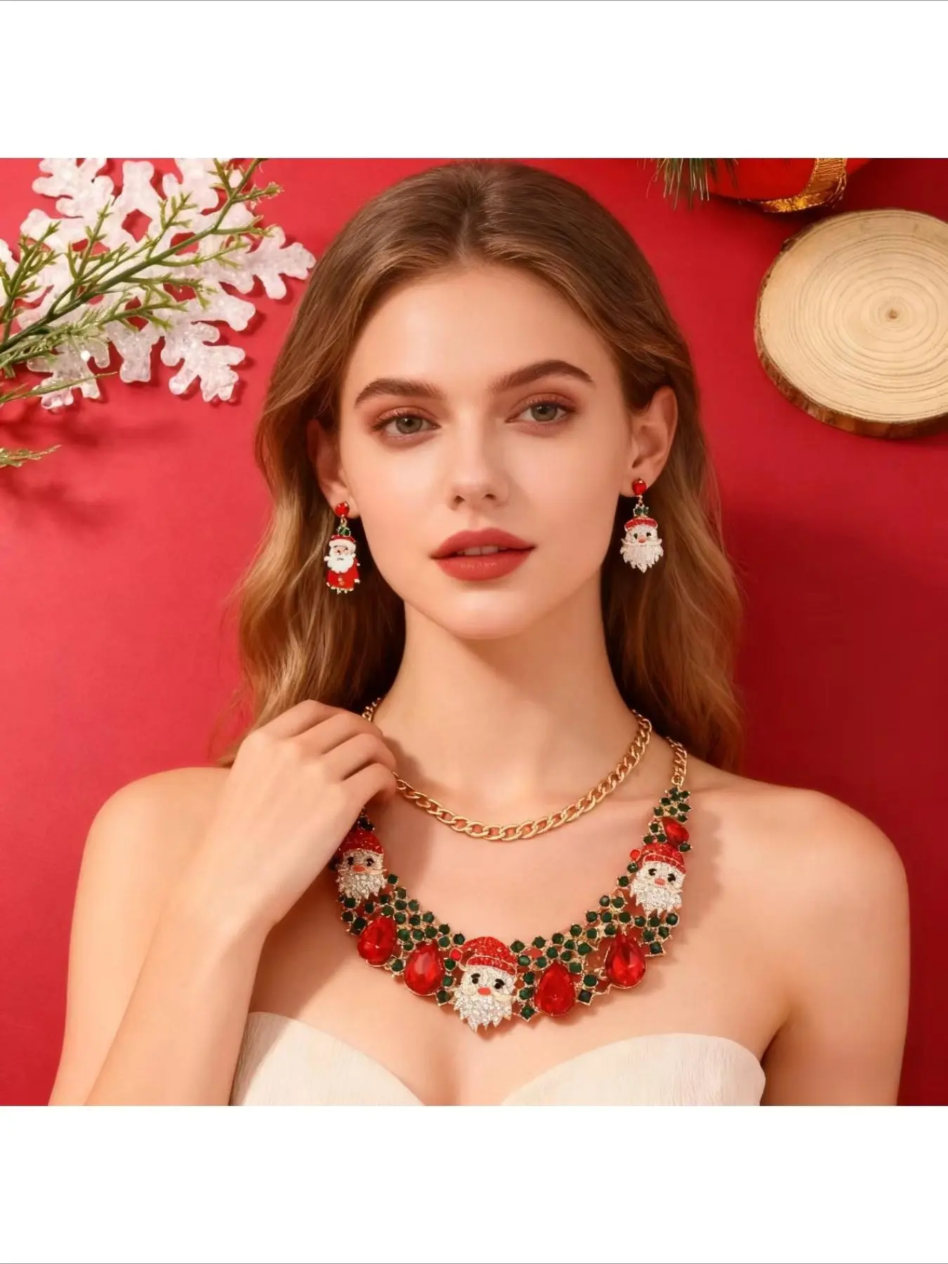 New Christmas Jewelry Set Popular in Europe and America, Fashionable Shiny Crystal Rhinestone Santa Claus Necklace and Earrings