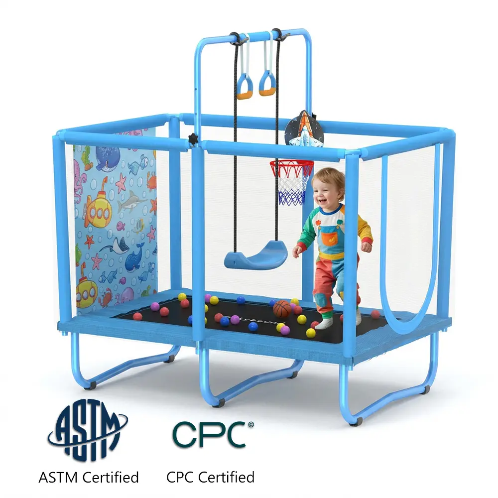 SkyBound 6-in-1 Kids Trampoline, Colorful Rectangular Indoor Outdoor Play Gym for Kids with Safety Net, Swing, Basketball Hoop, 250 LBS Capacity, Kids Outdoor Play