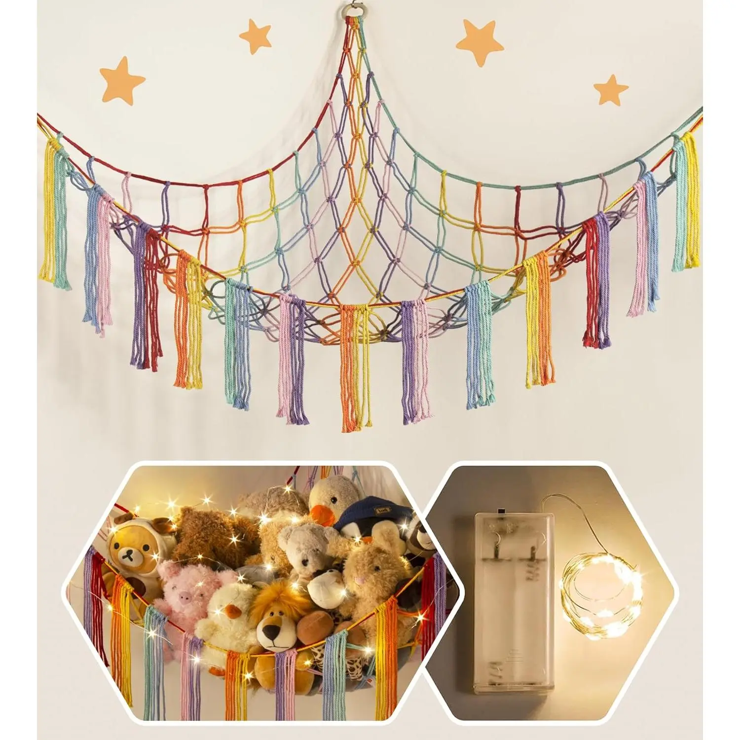Large Size Handmade Rainbow Macrame Cotton Hanging Wall Stuffed Animal Hammock F-SBB31 - Eco-Friendly, Durable, Multifunctional Nursery Room Wall-Mount Organizer with LED Light, Hooks, 43, Creative & Fun for Kids, Toy Storage Plushie Net, Home Decor, Larg