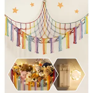 F-SBB31  Stuffed Animal Hammock Corner with LED Light - Toy Storage Hammock Plushie Net Large - Cute Stuff Animals Holder Hanging Organizer - Baby Room Rainbow Decor Kids Toddler Nursery Bedroom Decoration Wall