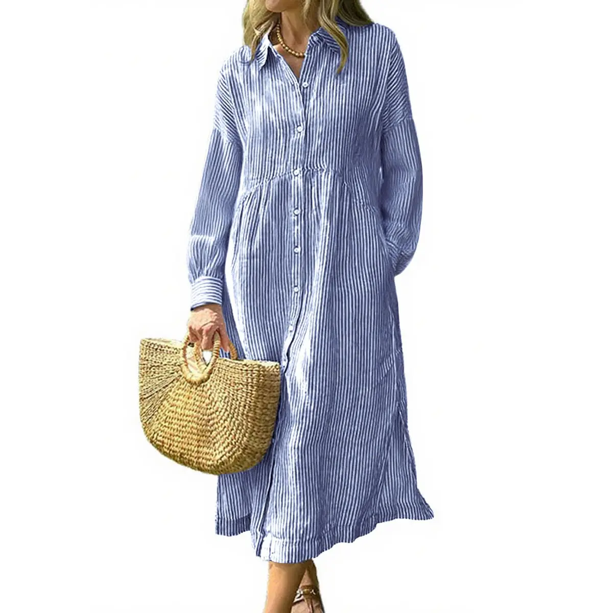 Yinos Women's Business Casual Striped Shirt Dress Long Sleeve Button Down Midi Long Boho Dress Fashion Blouse, Collared Neck, A-Line, Below The Knee, Women's Dresses