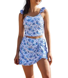 Floral Skirted Tankini Bathing Suits for Women Tummy Control 2 Piece Swimming Suit Modest Ladies Swimsuits Push Up Two piece Swimming Suits Slimming Women's Tankini Swimsuit Solid Black S cold wash blue cold wash orange