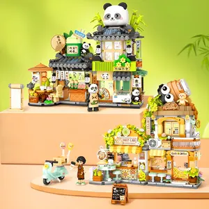 Mini Street Scene Desktop Ornaments Building Blocks Assembly Toys Panda Tea House Bear Coffee Folding Street Scene House Ornaments Boys Girls Holiday Gift Ornaments