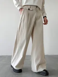 Men's Beige Straight-Leg Casual Pants with Button Detailing & Vintage Ruched Design High-Waisted Oversized Wide-Leg Comfortable Fit for Everyday Wear