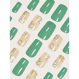 Add A Touch Of Romance With 24pcs Medium Square Green Nail Art Elegant Golden Lines With Light Green Flowers Press On Nails Full Coverage Fake Nail Kit For Women And Girls Includes 1sheet Adhesive Tabs & 1pc Mini FilsSuitable For St. Patrick's Day Office
