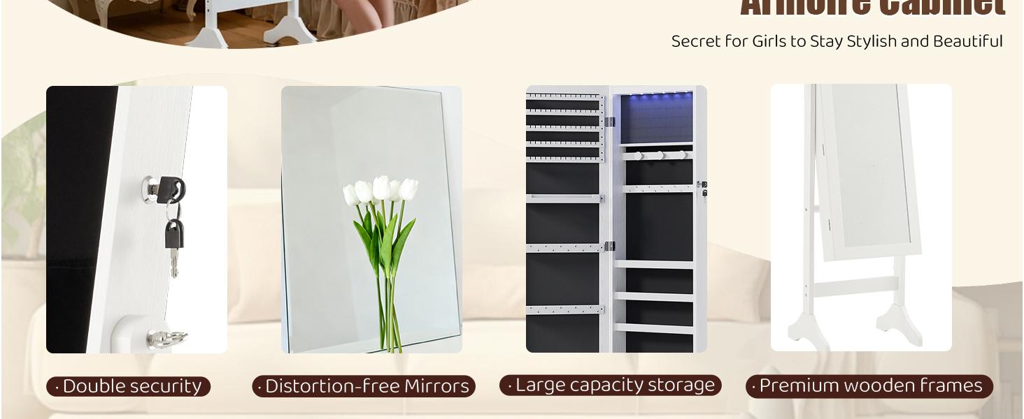 Freestanding Jewelry Armoire Cabinet, 47.3-Inch Full Length Jewelry Organizer Standing Mirror, Tall Lockable Large Capacity Makeup Organizer Storage, Velvet Lining, 3 Angles