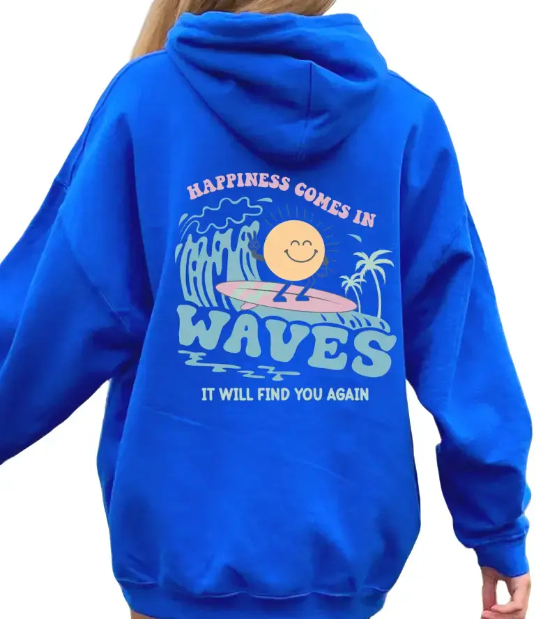 Gift Giving Hoodie in Vintage  – Dandy Worldwide Hoodies, Happiness Comes In Waves Back Hoodies, Oversized Cozy Unisex Sweatshirt, Trendy Casual Streetwear Fashion, Perfect Gift Idea for Men & Womena for Men & Women