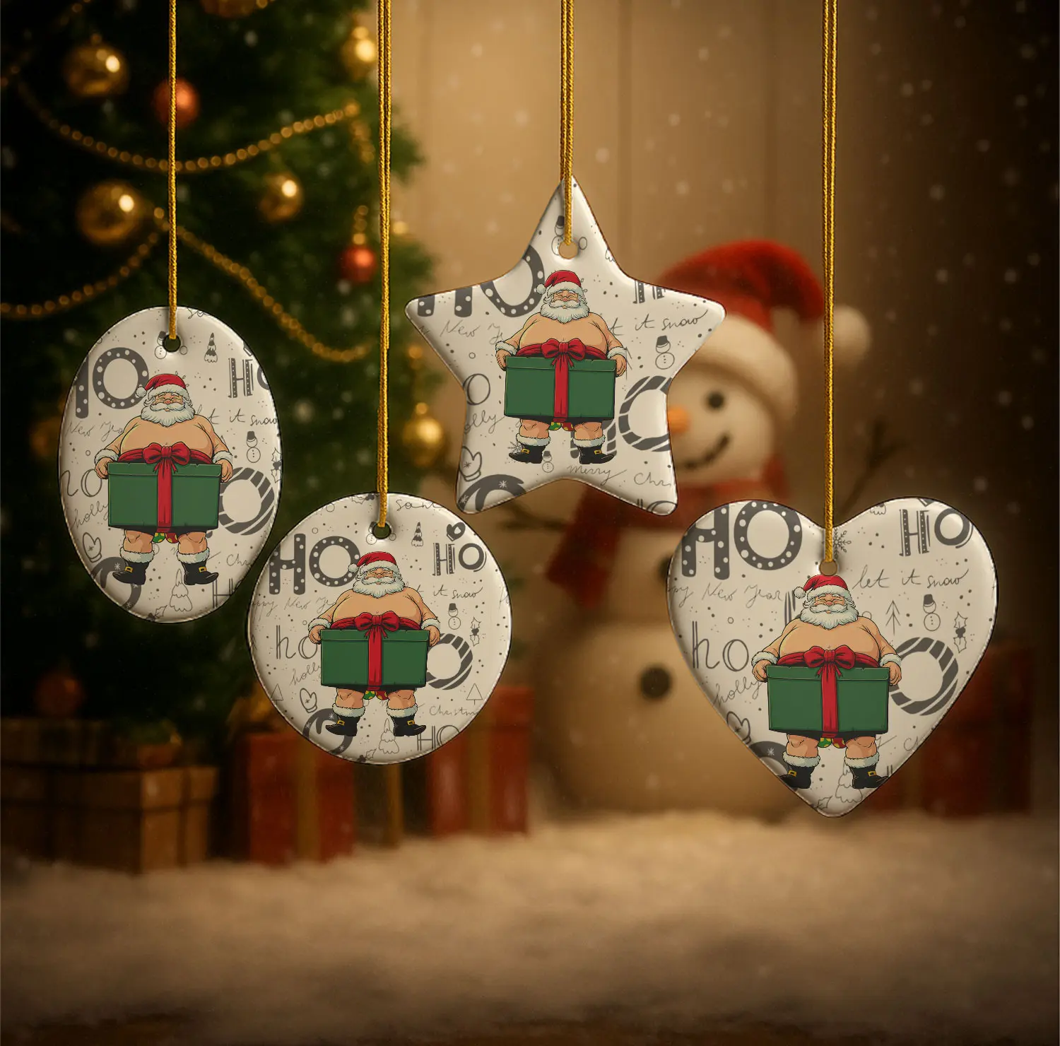 Funny Ceramic Santa Ornaments - Christmas Tree Holiday Decoration, Home & Tree Decor, Durable Ceramic Ornaments with Playful Santa Design, Lightweight Easy to Hang with Gold String