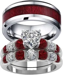 Couple Ring Bridal Set His Hers White Gold Plated White CZ Stainless Steel Wedding Ring Band Set