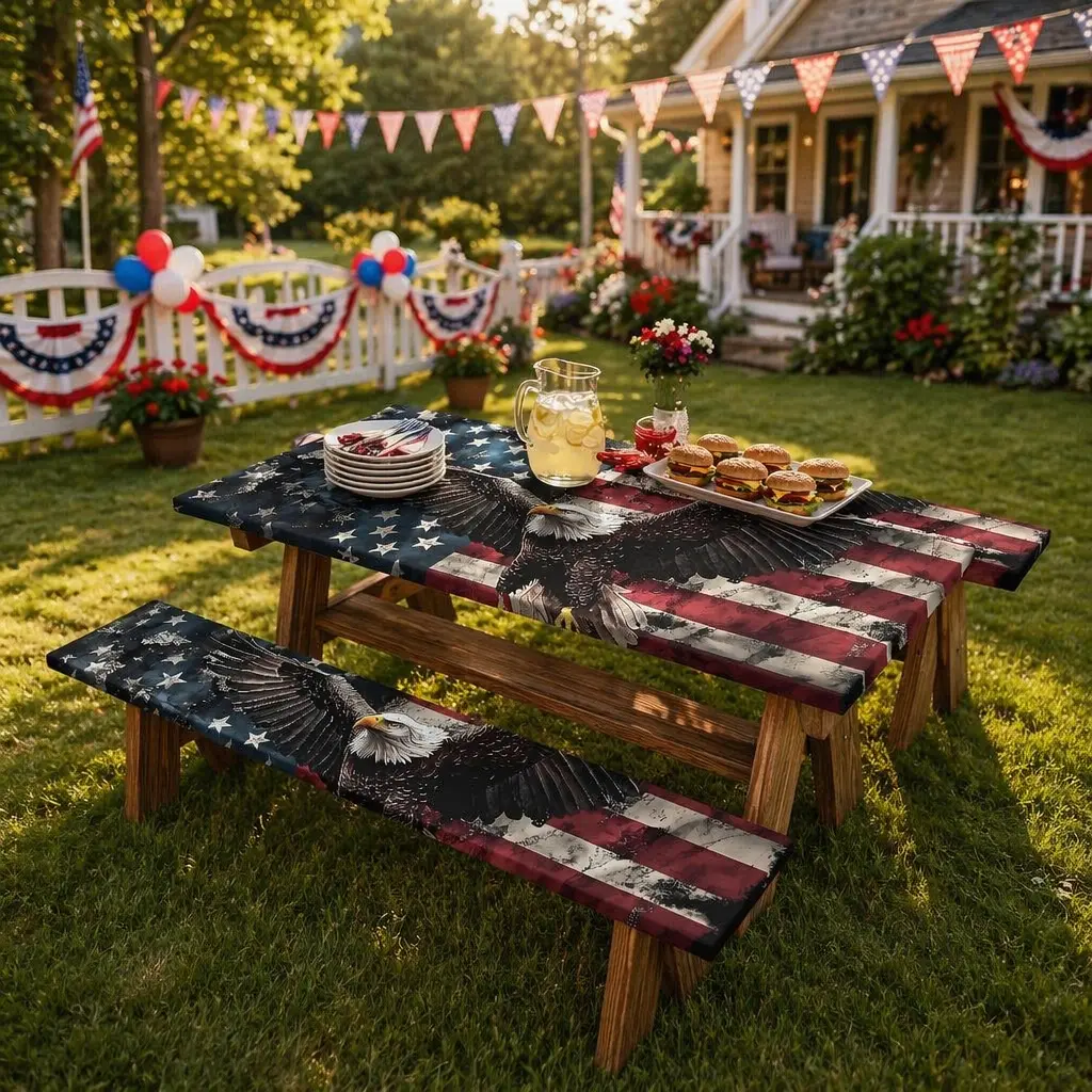 Bald Eagle American Flag Fitted Picnic Table Bench Cover Set 72"×30", Elastic Stretch Waterproof Protector Covers Scratched Damaged Wooden Picnic Furniture For Outdoor Backyard BBQ Camping, Stain Resistant Easy Clean Patriotic Table Cover