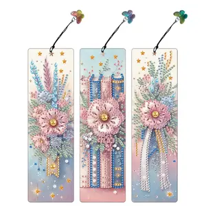 Creative Flower Theme Diamond Painting Bookmarks Set, DIY Special Shape Round Rhinestone Handmade Embroidery, Butterfly Pendant Bookmark Gift, Book Accessories