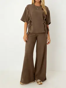 Chic Summer Matching Set for Women - Womenswear Oversized Short Sleeve Blouse & High Waisted Wide Leg Pants Trouser Daily Casual Minimalist Style Solid Loungewear Set/Office Outfits Clothes Lady