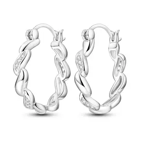 MULA Shiny Twisted Rope Earrings, S925 Sterling Silver Platinum Plated, Inlaid with Cubic Zirconia - Elegant geometric line design, perfect jewelry for women