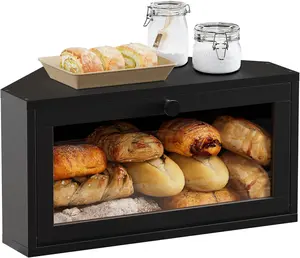 Corner Bread Box for Kitchen Countertop, Large Bamboo Bread Storage Container for Homemade Bread, Farmhouse Bread Holder with Window, Multi-functional Container, Black