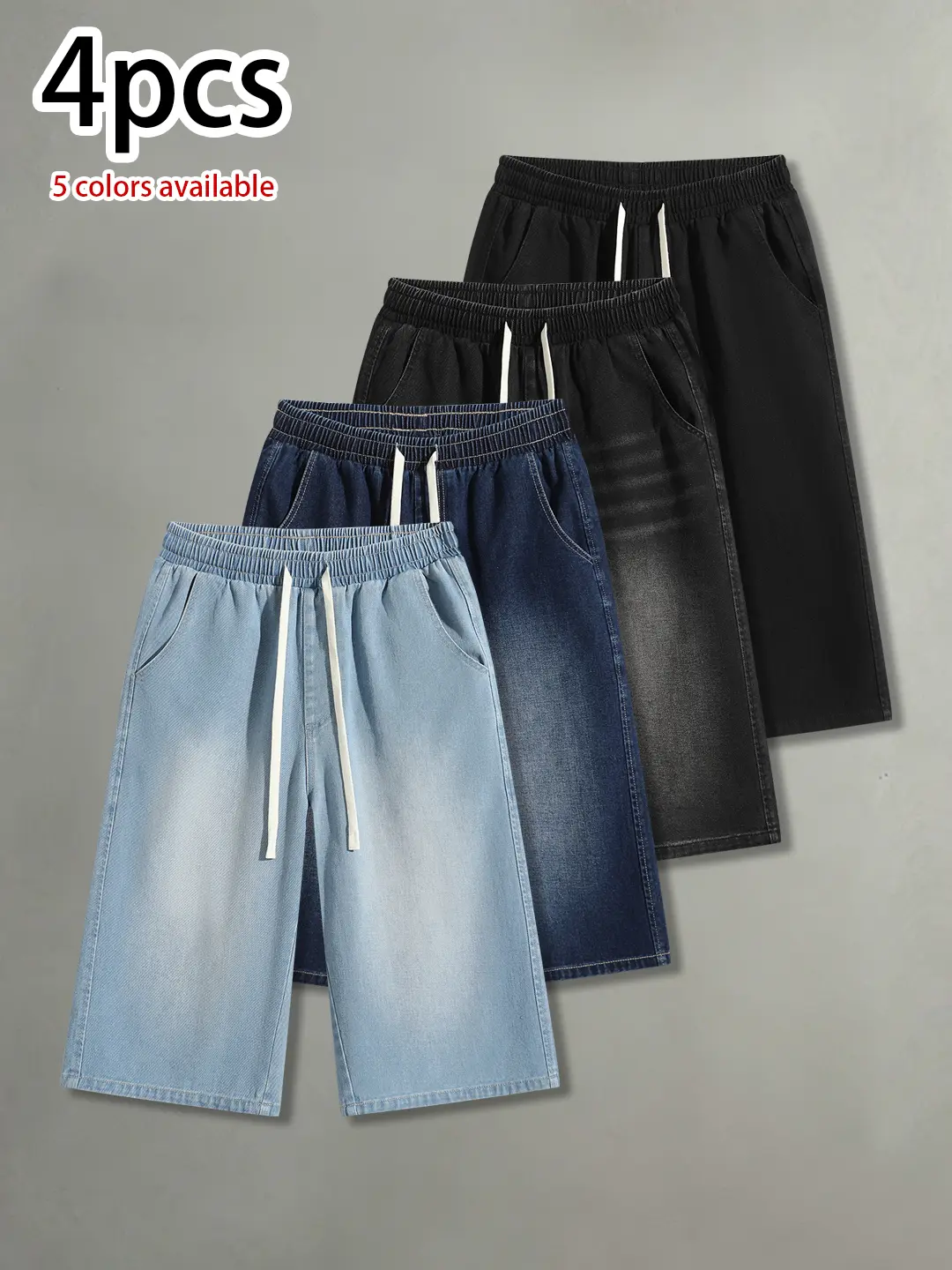Pack of 4: men’s summer vintage washed distressed denim capris with a drawstring elastic waistband—comfortable, versatile capris with a loose fit suitable for street casual wear and athletic styling.summervibes