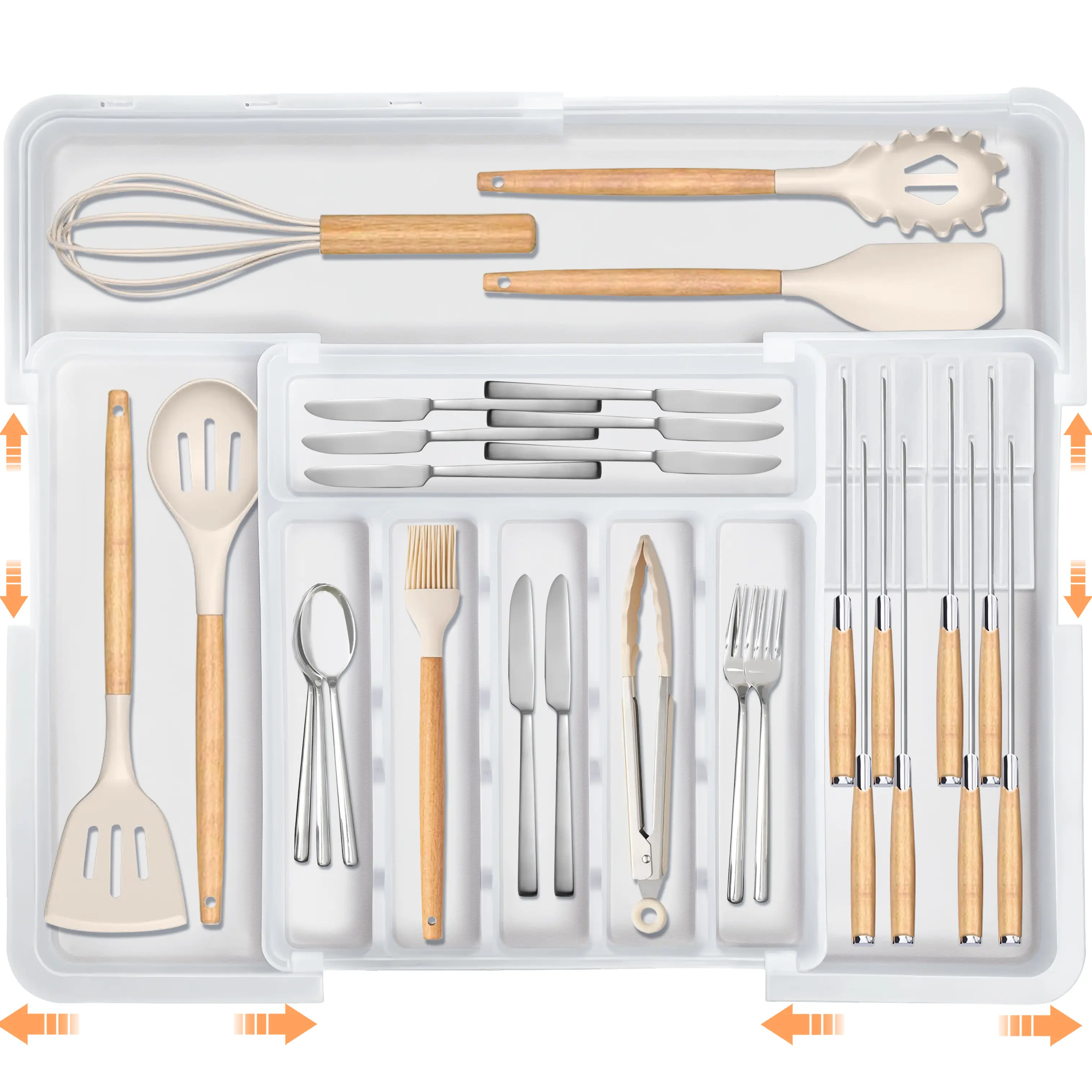 【SUHOPE】Summer Super Deal Silverware Organizer for Kitchen Drawers, Expandable Utensil Organizer & 2 Knife Block Inserts, BPA Free Flatware and Cutlery Holder, Adjustable Plastic Storage for Spoons Forks Knives(Clear)