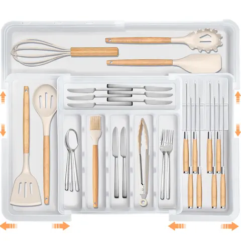 【SUHOPE】Summer Super Deal Silverware Organizer for Kitchen Drawers, Expandable Utensil Organizer & 2 Knife Block Inserts, BPA Free Flatware and Cutlery Holder, Adjustable Plastic Storage for Spoons Forks Knives(Clear)