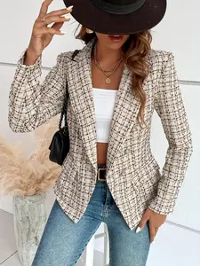 Women's Plaid Print Button Front Blazer, Elegant Formal Long Sleeve Lapel Neckline Outerwear for Work Office Business, Ladies Fall & Winter Clothes