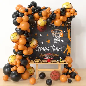 Basketball Decorations - 132 Pcs Sports Party Supplies, Black & Orange Latex Balloon Arch Kit For Baby Shower, Birthday Parties