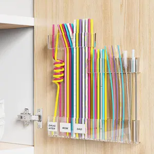 Upgraded 9.84” Large Under-Cabinet Straw Holder – Adjustable 3-Section Organizer with Strong Adhesive Mount (Clear)