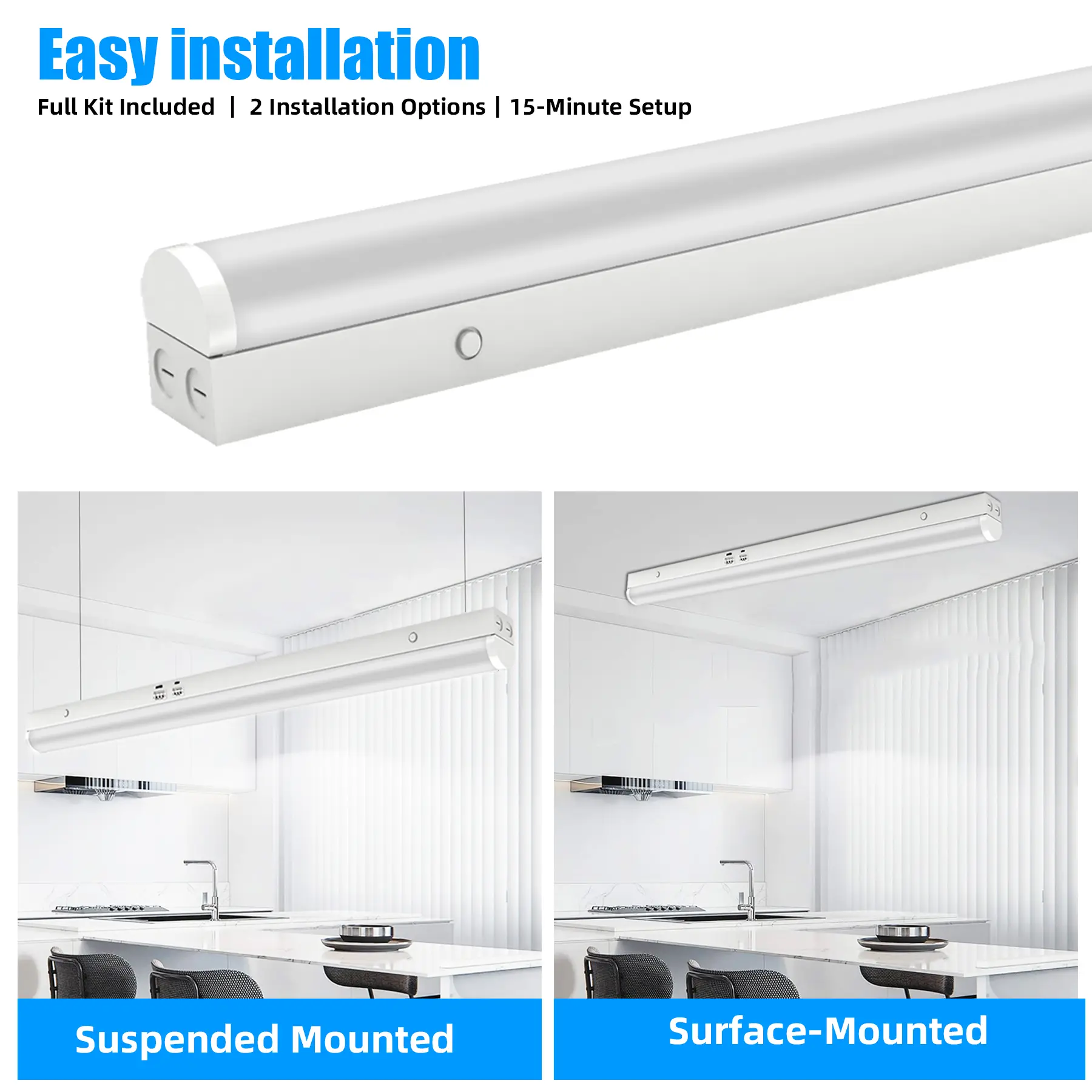 4FT LED Linear Light with Triple Control - 3CCT Selectable, 35W/40W/45W Dimmable, 5400LM, Easy Installation for Kitchen, Laundry, Garage & More,1pack