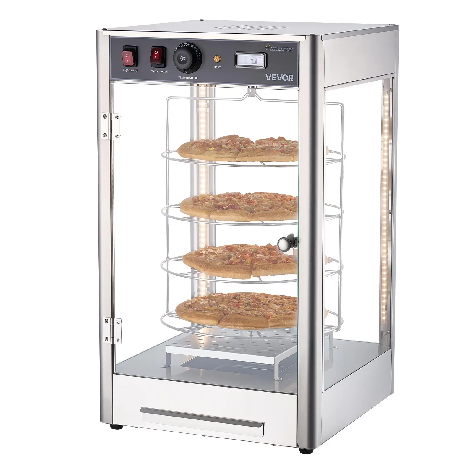 【Summerfinds】VEVOR Commercial Food Warmer Display, 4-Tier Pizza Warmer with Rotary Steam Heating for 14 in Pizza, 86℉~185℉ Temperature Control and Temp Display, 25W Oven Light + Top LED for Pizza Shop, Restaurant